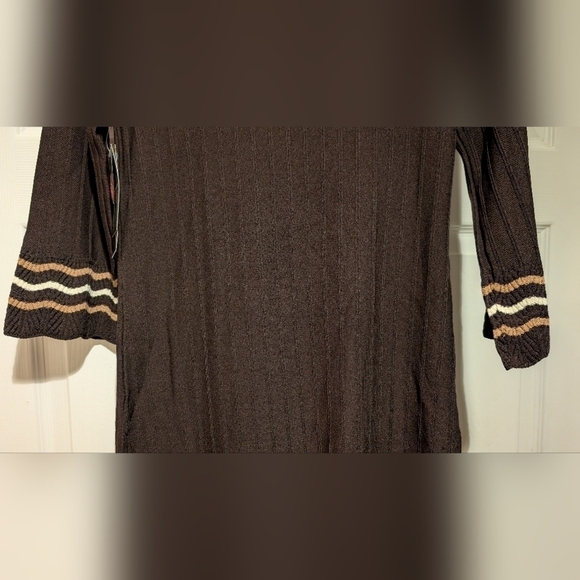 Nine West NWT $119 Women's Truffle Brown Striped Ribbed 3/4 Sleeve Dress Size M - Picture 8 of 15